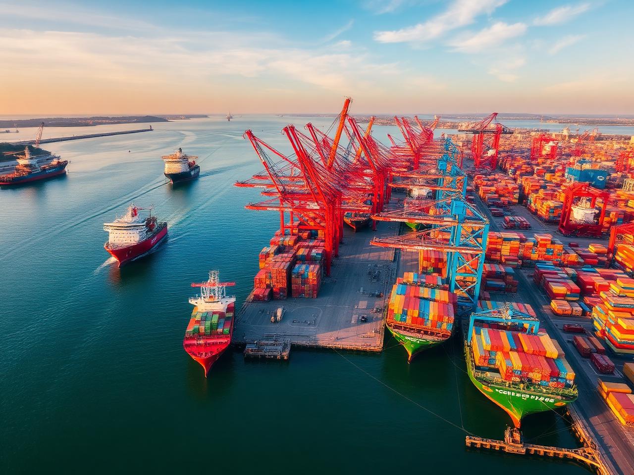 Busy international shipping port